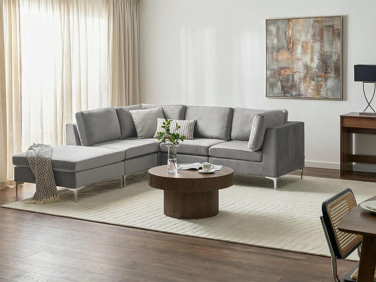 ECKSOFA Modul 4-Sitzer rechtsseitig Grau Samtstoff mit Ottomane Evja - Dunkelgrau, Textil (235/150cm) - Beliani