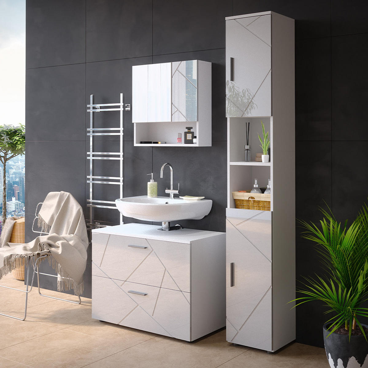 BADMÖBEL-SET Irma Weiß Hochglanz 3 Teile mit Schubladenschrank und Hochschrank - Weiß Hochglanz/Weiß, Holzwerkstoff (80/58.6/41cm) - Vicco