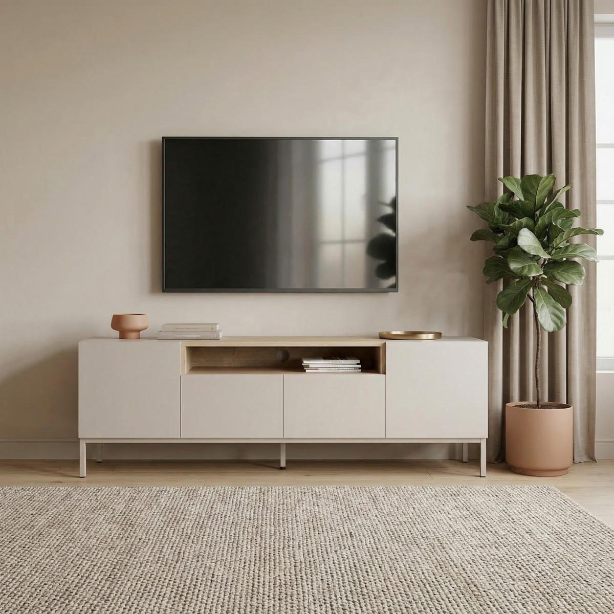 TV-MÖBEL 4 Türen, 1 Fach, Kaschmir und Holzdekor 160/35/50 cm - Beige, Holzwerkstoff (35/50/36.5cm) - Calicosy