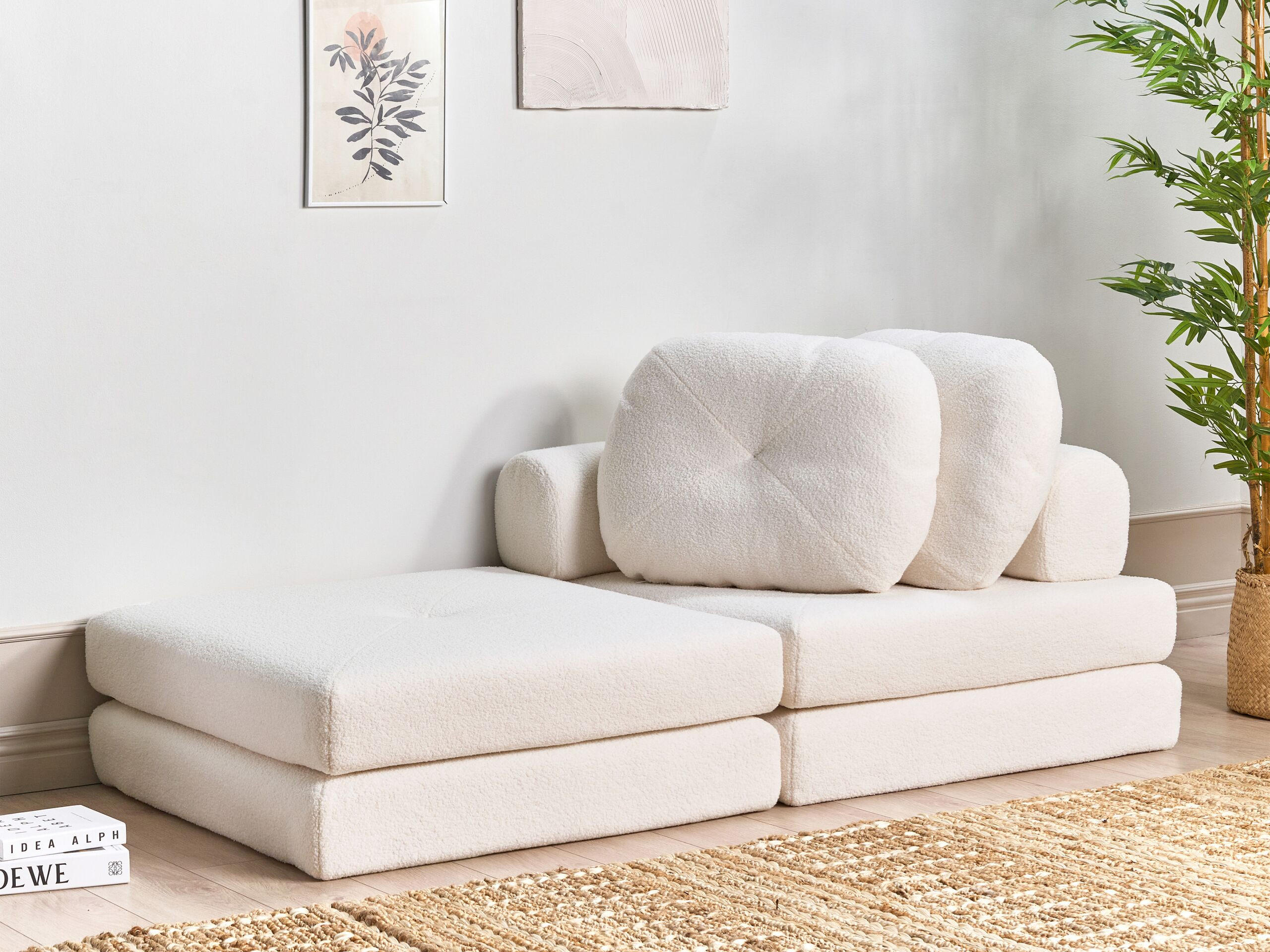 1-SITZER BODENSOFA Bouclé weiß mit Schlaffunktion Olden - Weiß, Textil (81/54/91cm) - Beliani