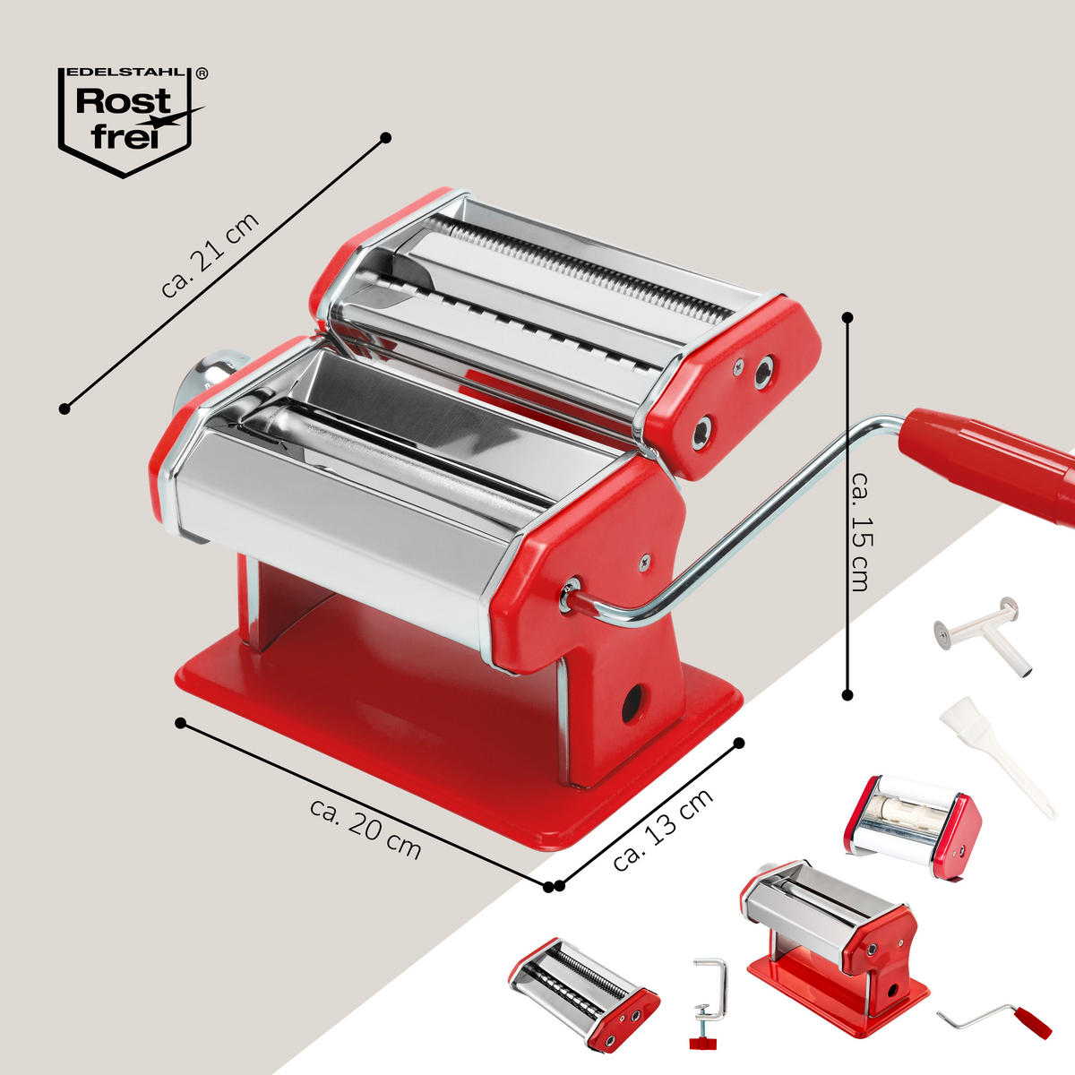 NUDELMASCHINE inkl. Rezeptbuch, Ravioliaufsatz , rot/Edelstahl - Rot/Silberfarben, Metall (20/15/21cm) - bremermann