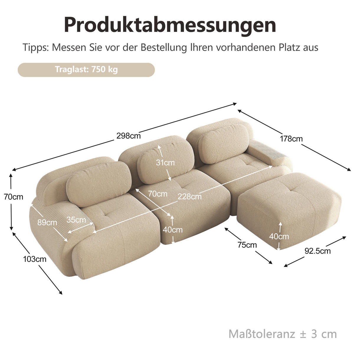 ECKSOFA DE-34025 modular 3-Sitzer Beige - Beige, Textil (178/298cm) - ComfortXL