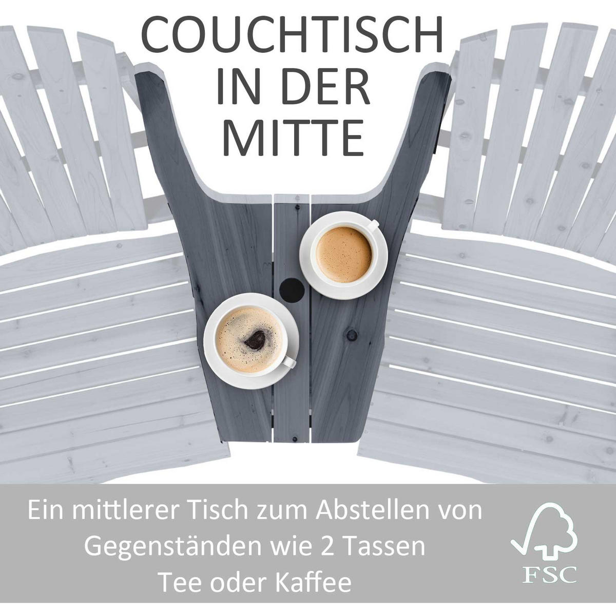 ADIRONDACK, Gartenstuhl mit Tisch und Schirmloch, 2 Sitzer Gartensessel, Sitzgruppe, Massivholz, Dunkelgrau, 178 x 87 x 93 cm - Dunkelgrau, Holz (178/92/87cm) - Outsunny