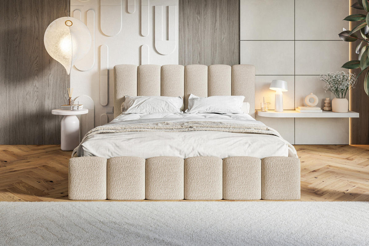 POLSTERBETT 140x200 Palermo mit Bettkasten, Lattenrost, Boucle, Beige - Beige, Holz/Textil (140/200cm) - Emporius
