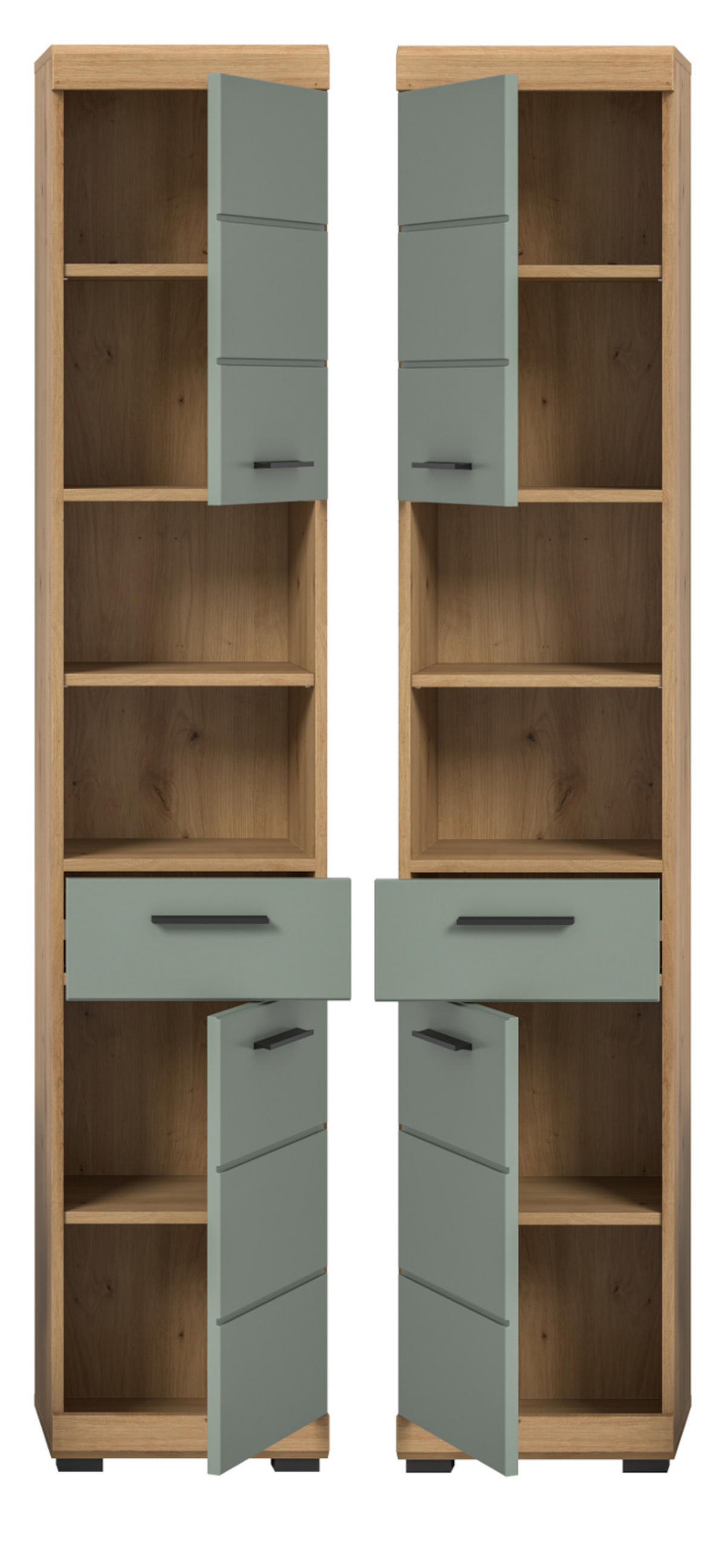 HOCHSCHRANK Salbei grün, Eiche Artisan 37 cm, Badschrank mit 6 Fächern - Salbeigrün/Schwarz, Holzwerkstoff/Kunststoff (37/191/31cm) - Inn.Furn