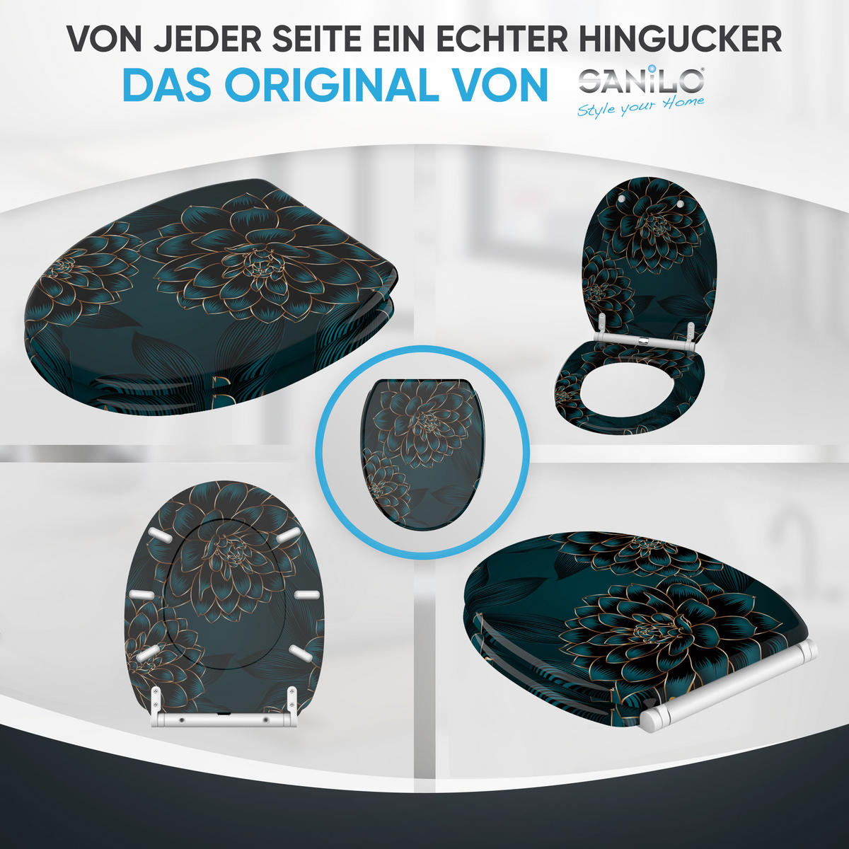 WC-SITZ mit Absenkautomatik & Top Fix Dahlien - Blau, Holzwerkstoff (37.7/5.5/48cm) - Sanilo