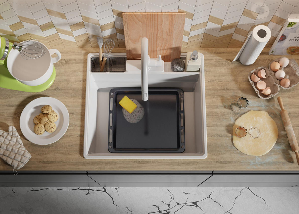 GRANITSPÜLE New York, 2-er set Weiß 58/53 cm 1 Becken + Küchenarmatur 40/20 cm + Ablauf-Set + Küchenzubehörset ab 60er Unterschrank - Chromfarben/Beige, Kunststoff (58/20/53cm) - Primagran