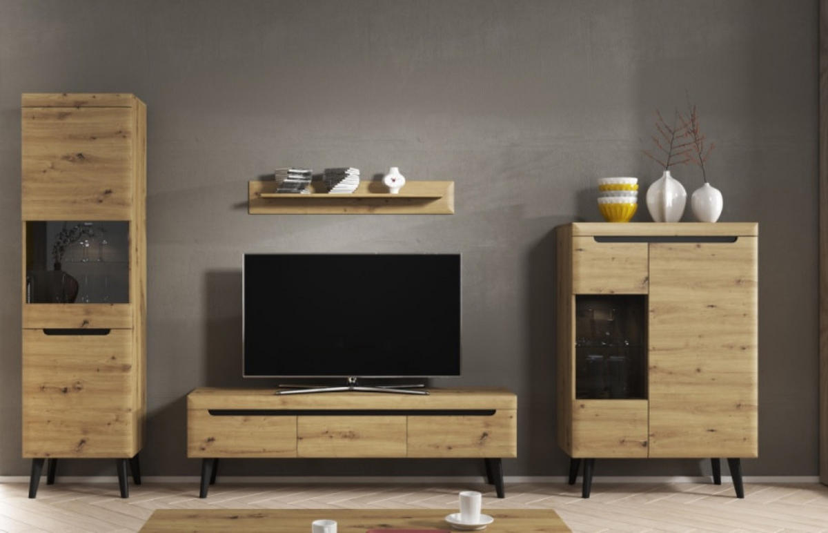 WOHNWAND Schwarz Nordan Eiche Artisan LED Mit Regalen - Multicolor, Holzwerkstoff (305/197/40cm) - Sepro Meble