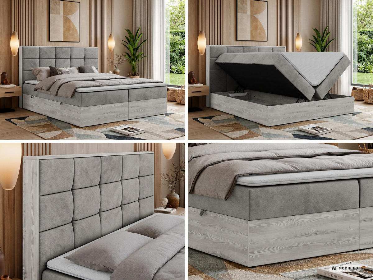 BOXSPRINGOVÁ POSTEĽ ALNOR 200/200 Svetlosivá Samet - Topper Visco - H3 (stredne tvrdý) - čierna/svetlosivá, textil/plast (200/200cm) - MKS