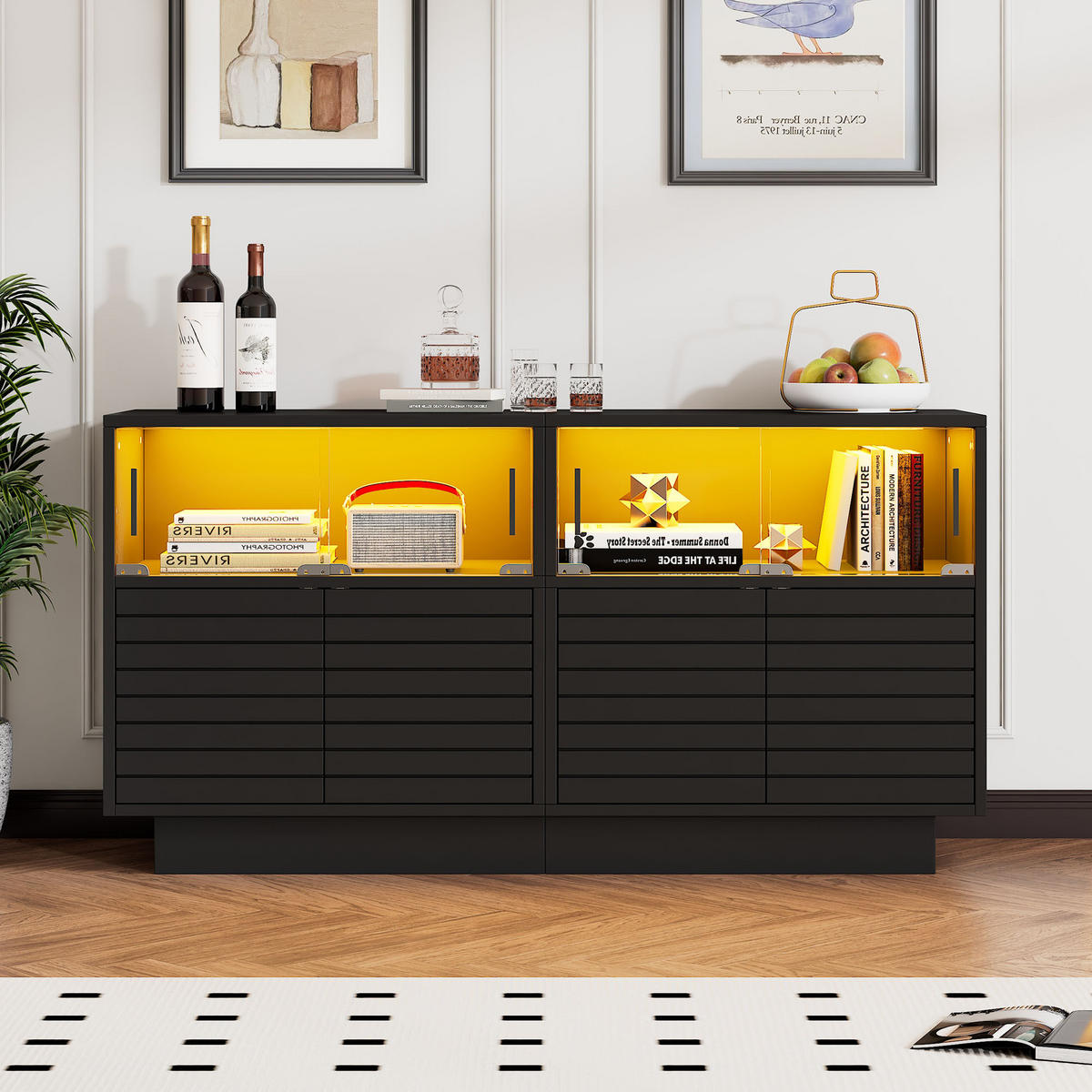 SIDEBOARD Schwarz, mit LED-Beleuchtung, Glaseinsätzen, geriffelten Fronten und Innenfächern, 130/35/68 cm - Schwarz, Glas/Holzwerkstoff (130/68/35cm) - WISHDOR