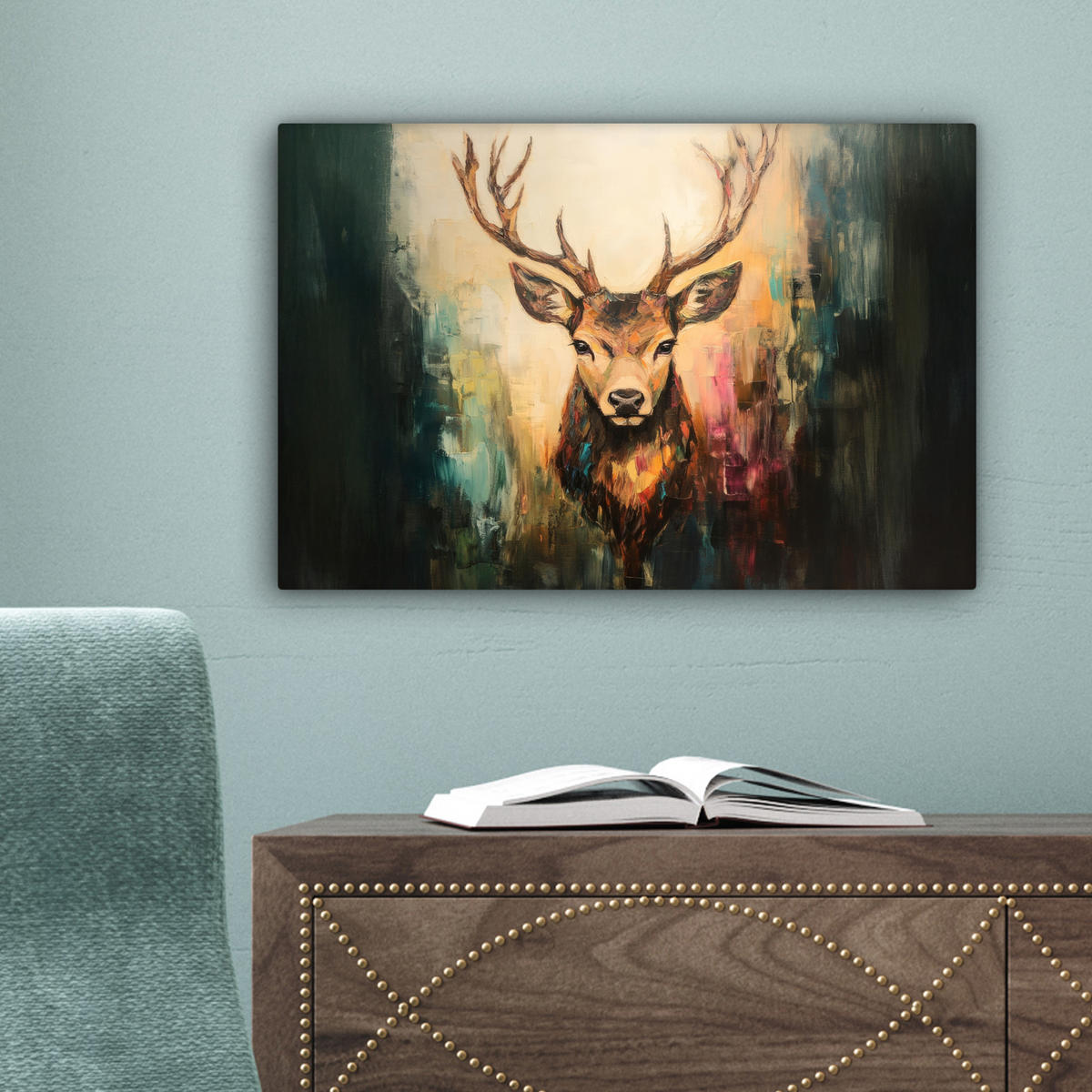 LEINWANDBILD Hirsch - Gemalt - Geweih - Braun 30x20 cm - Haselnussfarben, Textil (30/20cm) - MuchoWow