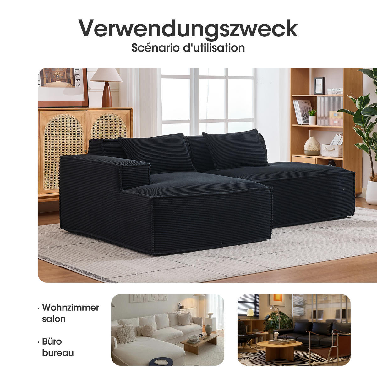 3-SITZER ECKSOFA Polyester Schwarz mit Kissen - Schwarz, Textil (235/129cm) - WISHDOR