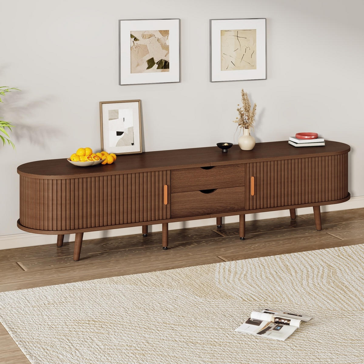 TV-SCHRANK 175x40cm Lowboard Nussbaum 2 Schubladen Teleskoptüren bis 75 Zoll - Braun, Holz (50.5/16/116.5cm) - FLIEKS