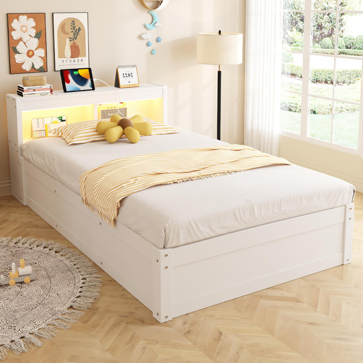 SCHLAFSOFA 90x200cm LED Stauraum Steckdose Massivholz Weiß - Weiß, Holzwerkstoff (90/200cm) - FLIEKS