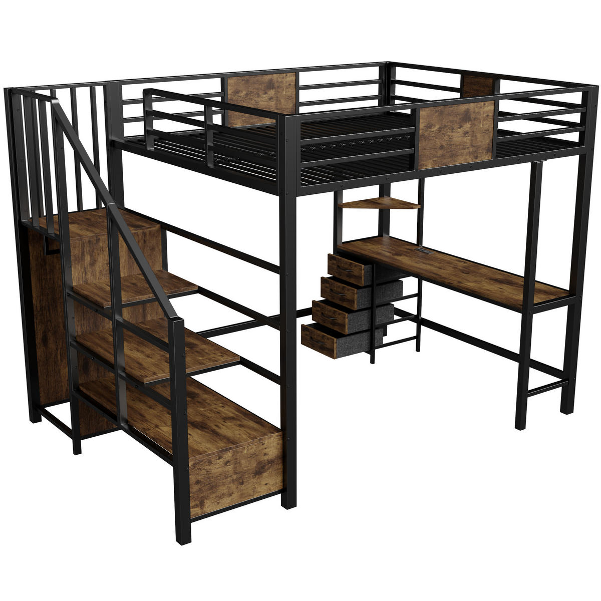 HOCHBETT 140/200 cm in Schwarz mit Schreibtisch, LED, Steckdose und Kleiderstange - Schwarz, Holzwerkstoff/Metall (140/200cm) - CHICFURN