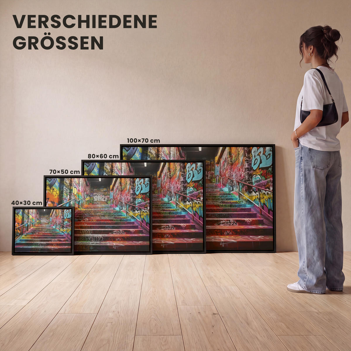 LEINWAND Bilder mit Rahmen - Treppe - Graffiti - Farben - Kunst - 100x70 - Multicolor, Textil (100/70cm) - MuchoWow