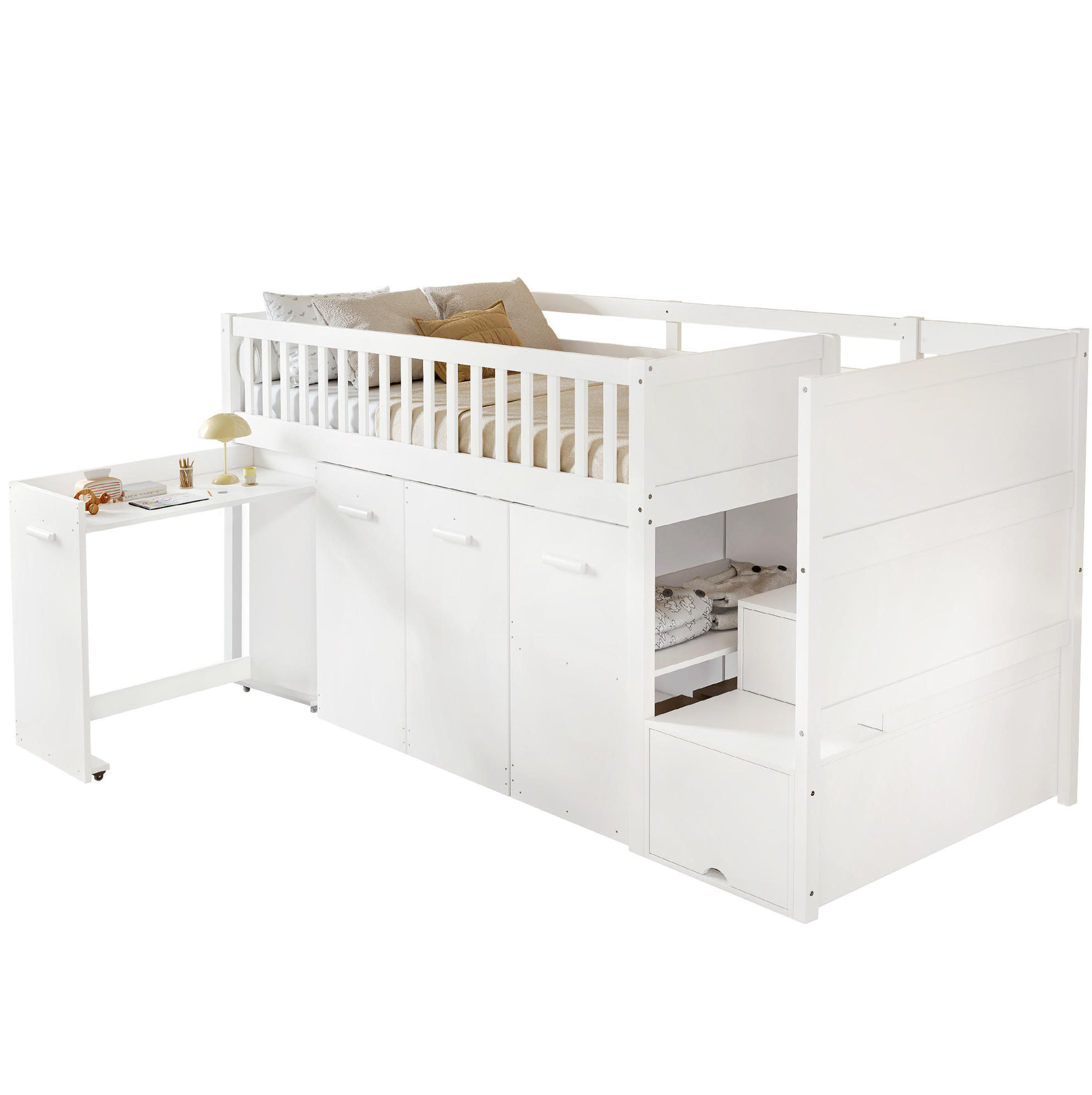 POSCHODOVÁ posteľ 90/200 cm biela z borovice a MDF s písacím stolom úložným priestorom a skriňami - biela, kompozitné drevo (90/200cm) - OKWISH