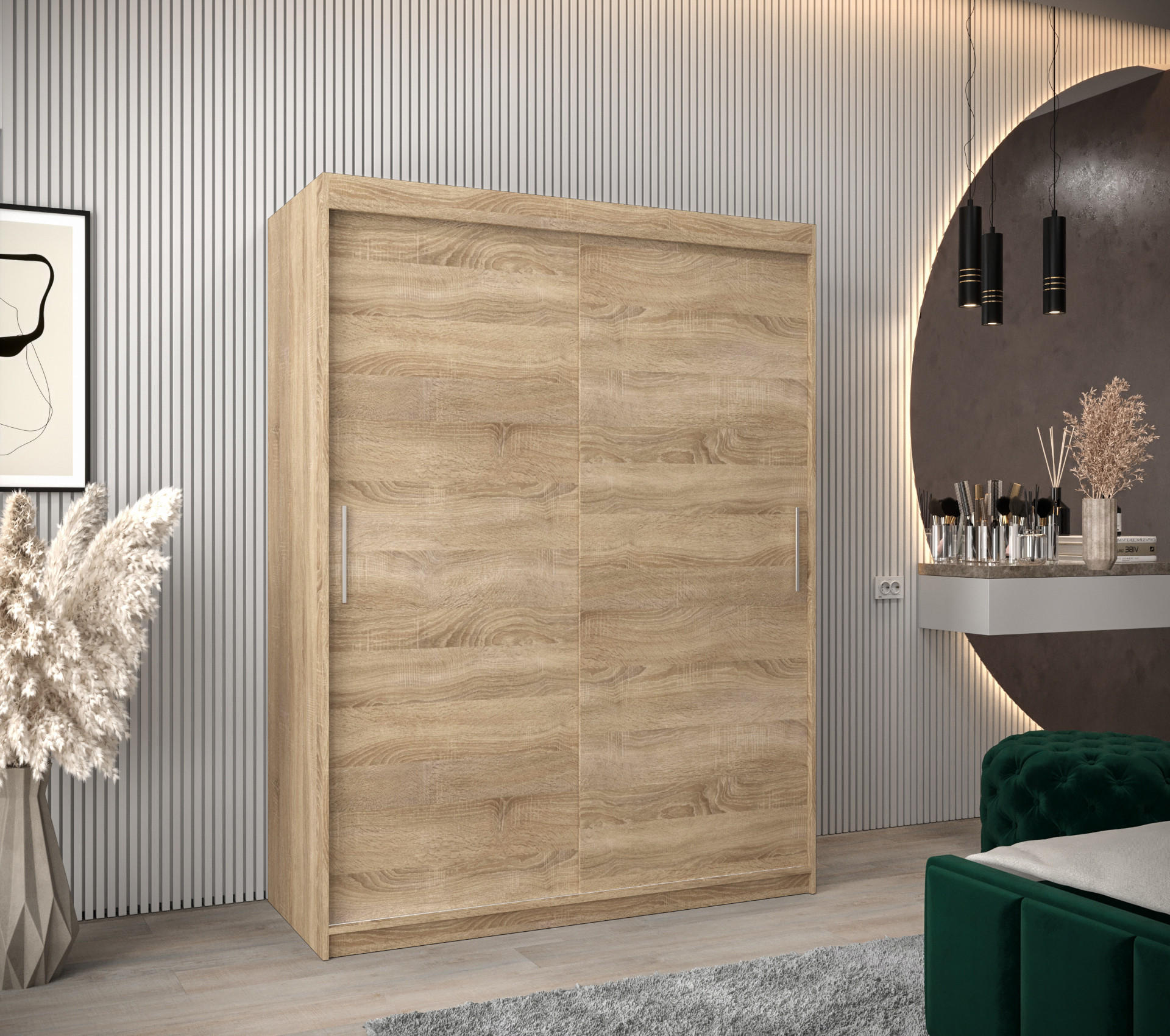 SCHWEBETÜRENSCHRANK 200/150/62 2-türig - Silberfarben/Sonoma Eiche, Holz/Kunststoff (150/200/62cm) - MÖBEL KRYSPOL