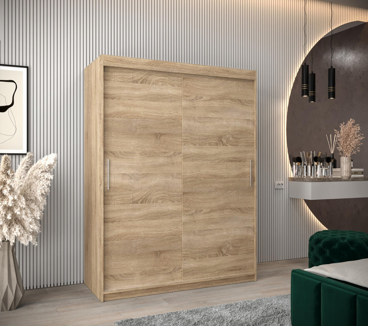 SCHWEBETÜRENSCHRANK 200/150/62 2-türig - Silberfarben/Sonoma Eiche, Holz/Kunststoff (150/200/62cm) - MÖBEL KRYSPOL