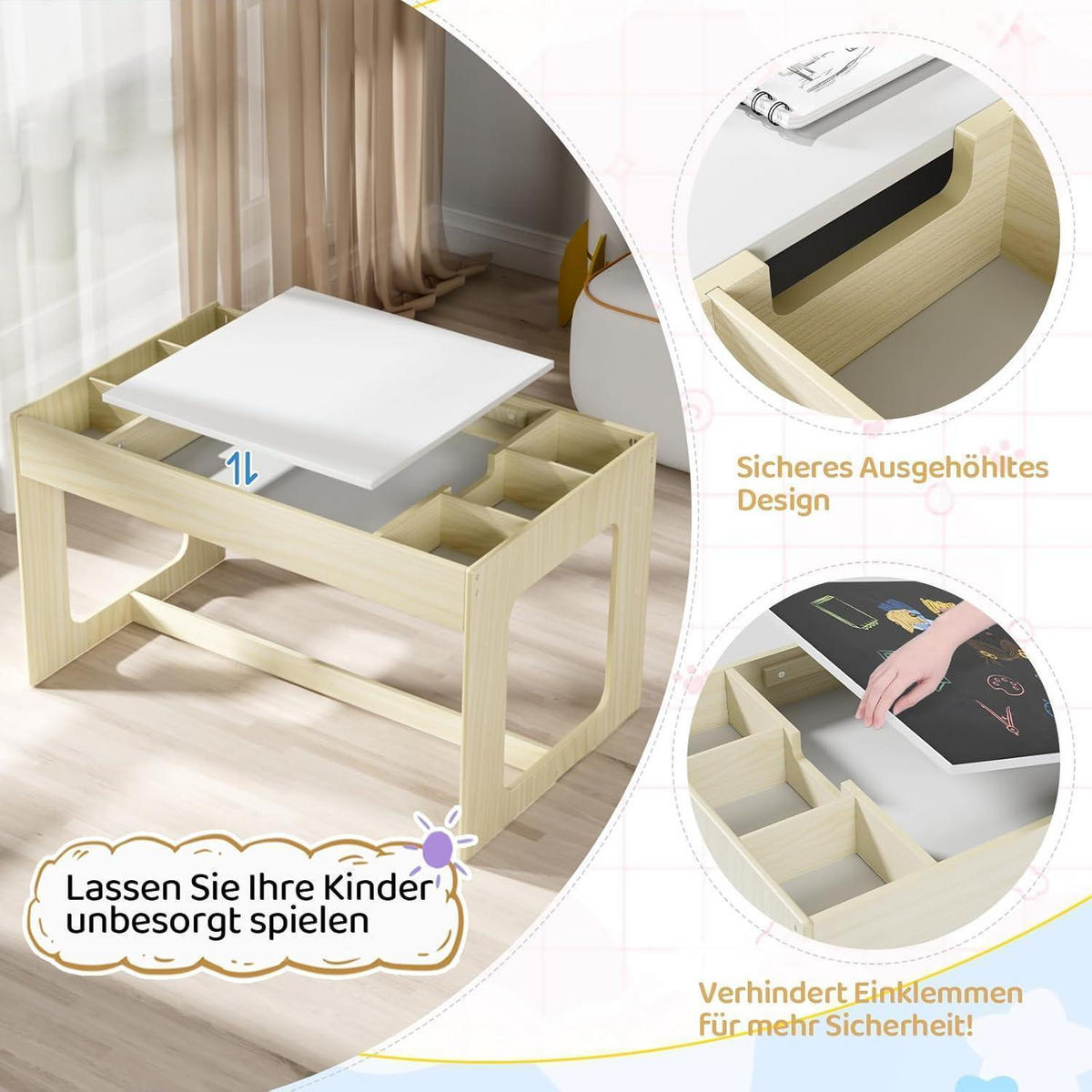 KINDERTISCH-STUHL-SET mit Stauraum Holzoptik mit Weiß 2-teiliges Set - Creme, Holzwerkstoff (48/48/80cm)