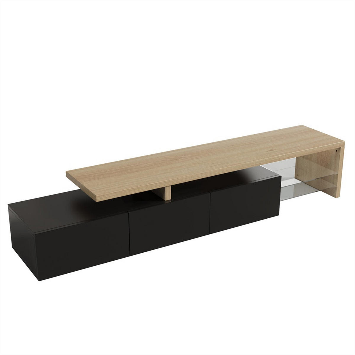 TV-LOWBOARD - TV-Schrank mit LED-Beleuchtung - offenem Glasregal und Stauraum - Schwarz+Natur - Schwarz, Holzwerkstoff (39/42/200cm) - DELFA