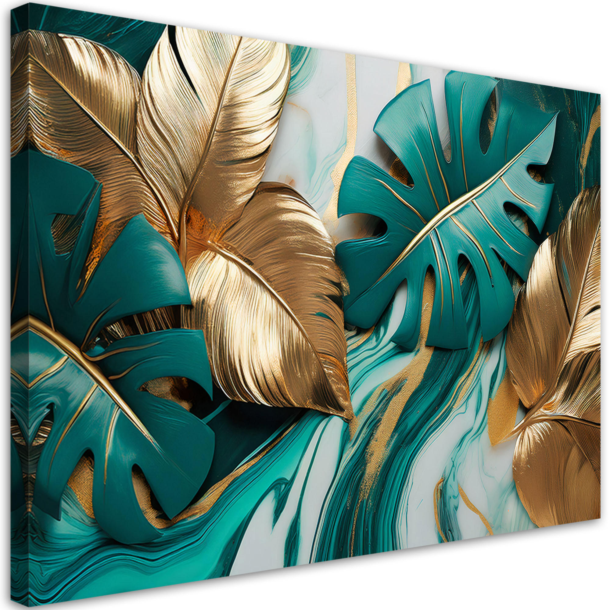 LEINWANDBILD Monstera Leaves Gold Türkis Marmor 100x70cm - Grün, Textil (100/70cm) - Feeby