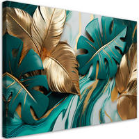 LEINWANDBILD Monstera Leaves Gold Türkis Marmor 100x70cm - Grün, Textil (100/70cm) - Feeby