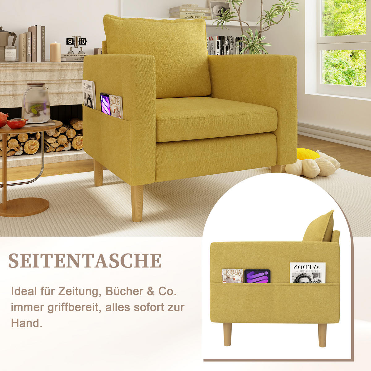 SESSEL Chenille Senfgelb mit Seitentasche - Gelb, Holz/Holzwerkstoff (71/82/68cm) - WISHDOR