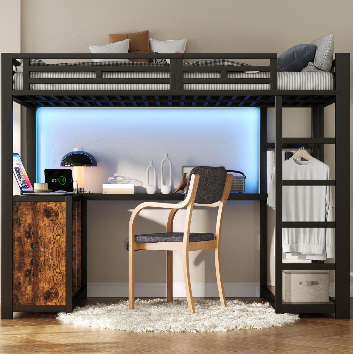 HOCHBETT 140/200 cm aus Metall und MDF mit Schreibtisch LED-Beleuchtung und Kleiderschrank Schwarz - Schwarz, Holzwerkstoff (140/200cm) - Modenvie