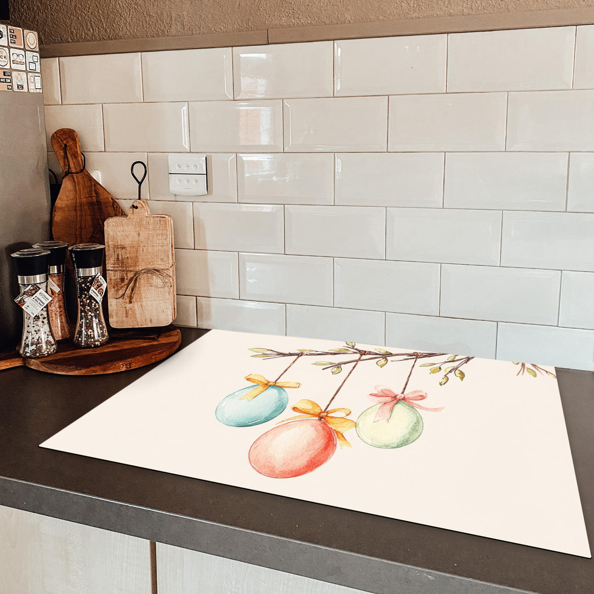 HERDABDECKPLATTE Osterkuchen - Schleife - Eier Herdabdeckung Induktionsfeld 75x52 cm - Creme, Kunststoff (75/52/0.2cm) - MuchoWow