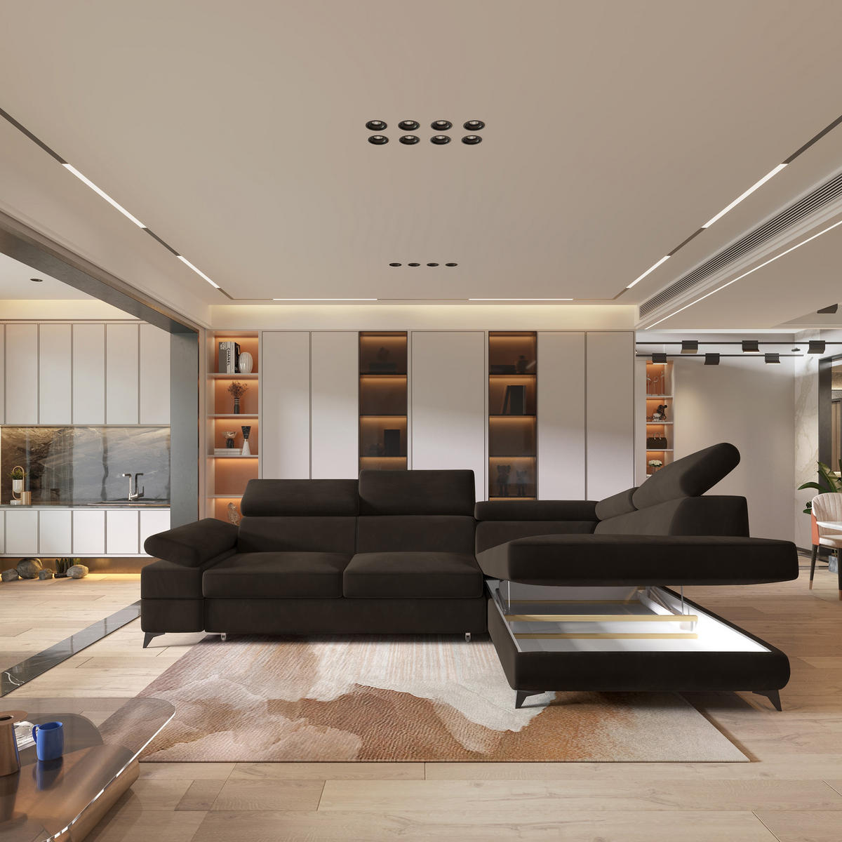 ECKSOFA FAVIEN R-S Braun Velours-Stoff mit Schlaffunktion - Braun, Holz (257/190cm) - MASSENO