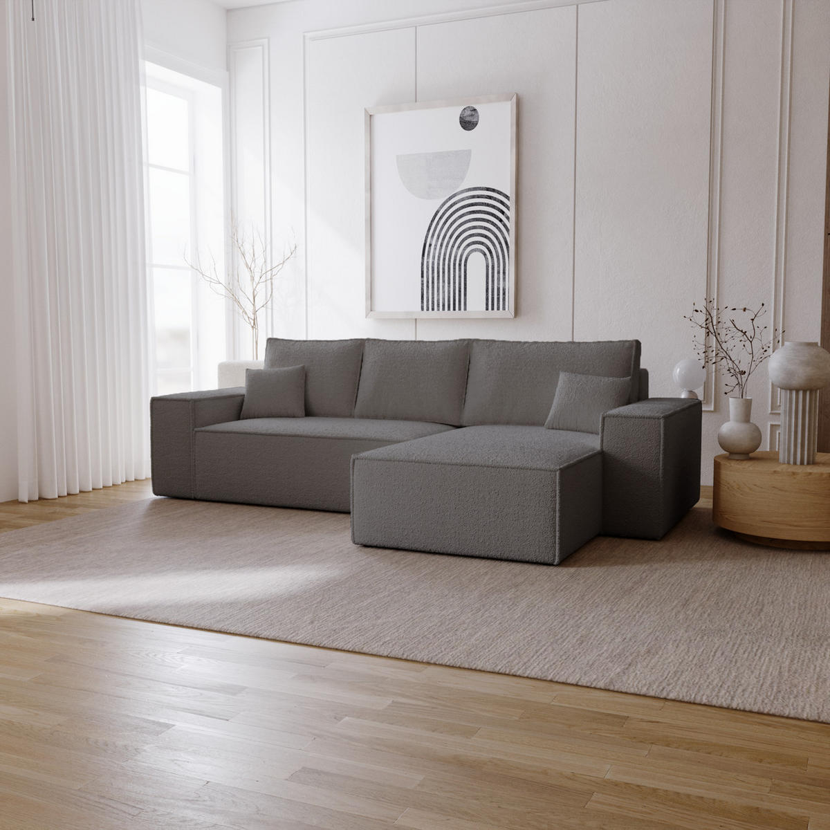 ECKSOFA Bouclé 280 cm Bergamo L mit Bettkasten, Schlaffunktion, Rechts - Dunkelgrau - Dunkelgrau, Holz (189/277cm) - Emporius