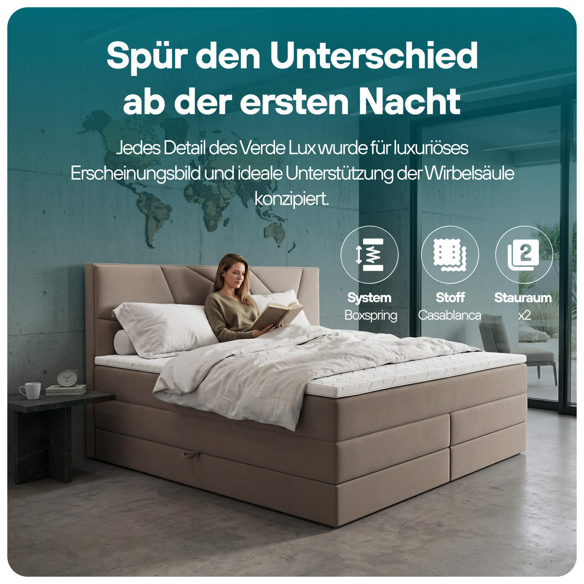 BOXSPRINGBETT VERDE LUX 200x200 cm, Bonell und Taschenmatratze, Topper 5 cm und Stauraum, Samtstoff, Schwarz - Schwarz, Holz/Kunststoff (200/200cm) - Trada
