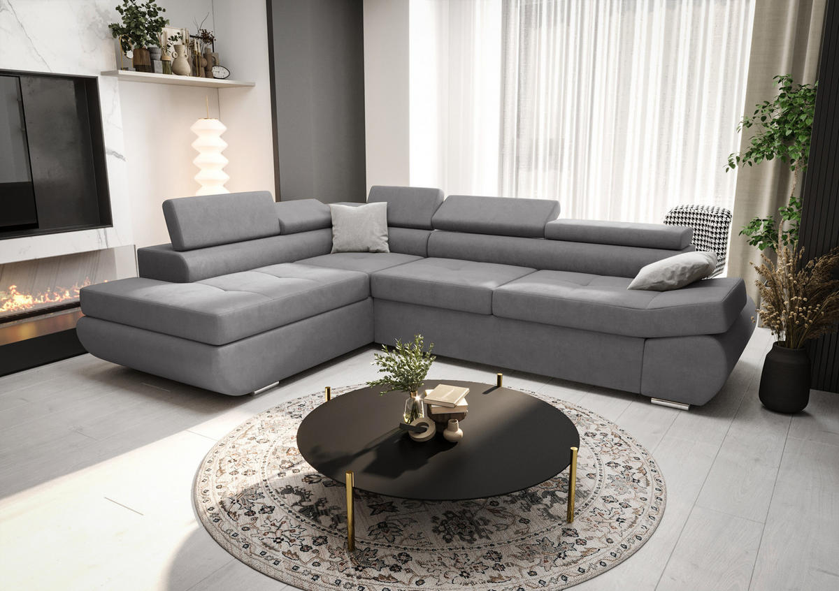 ECKSOFA KONGO RBN03, Eckcouch in L-Form mit Schlaffunktion, Farbe: Grau, Velourstoff, Ottomane Links - Grau, Textil (280/200cm) - O-Sofa