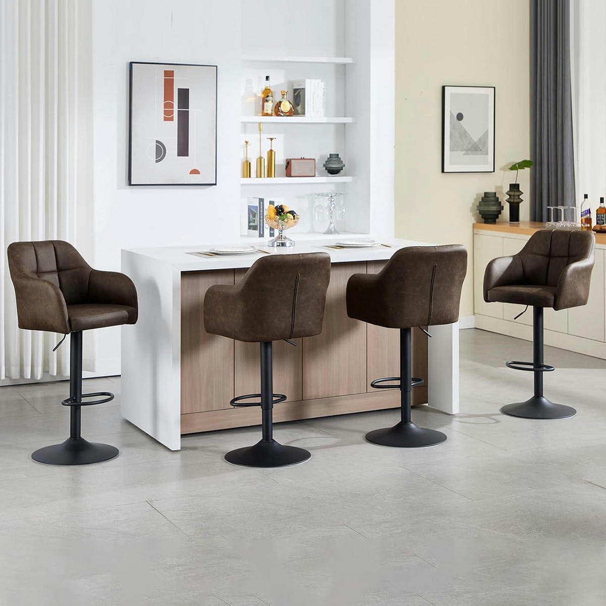 BARHOCKER 2er-Set höhenverstellbar Braun mit Armlehnen - Braun, Leder (56/116/41cm)