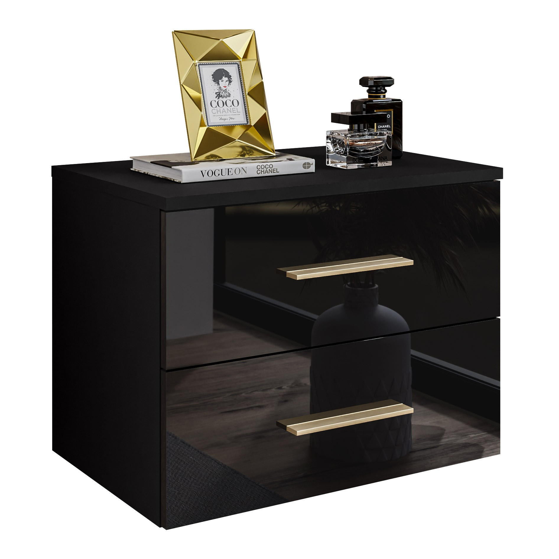NACHTTISCH LINA II hängend mit goldenen Griffen, Hochglanz, LED - Schwarz, Holzwerkstoff (55/42/37cm) - Lookway