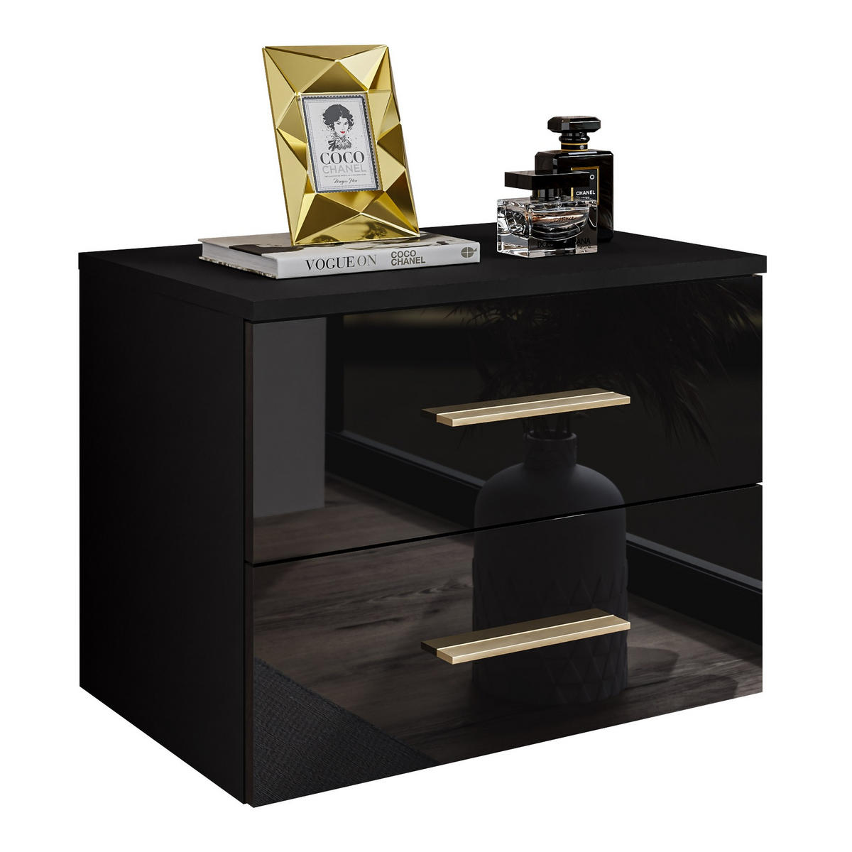 NACHTTISCH LINA II hängend mit goldenen Griffen, Hochglanz, LED - Schwarz, Holzwerkstoff (55/42/37cm) - Lookway