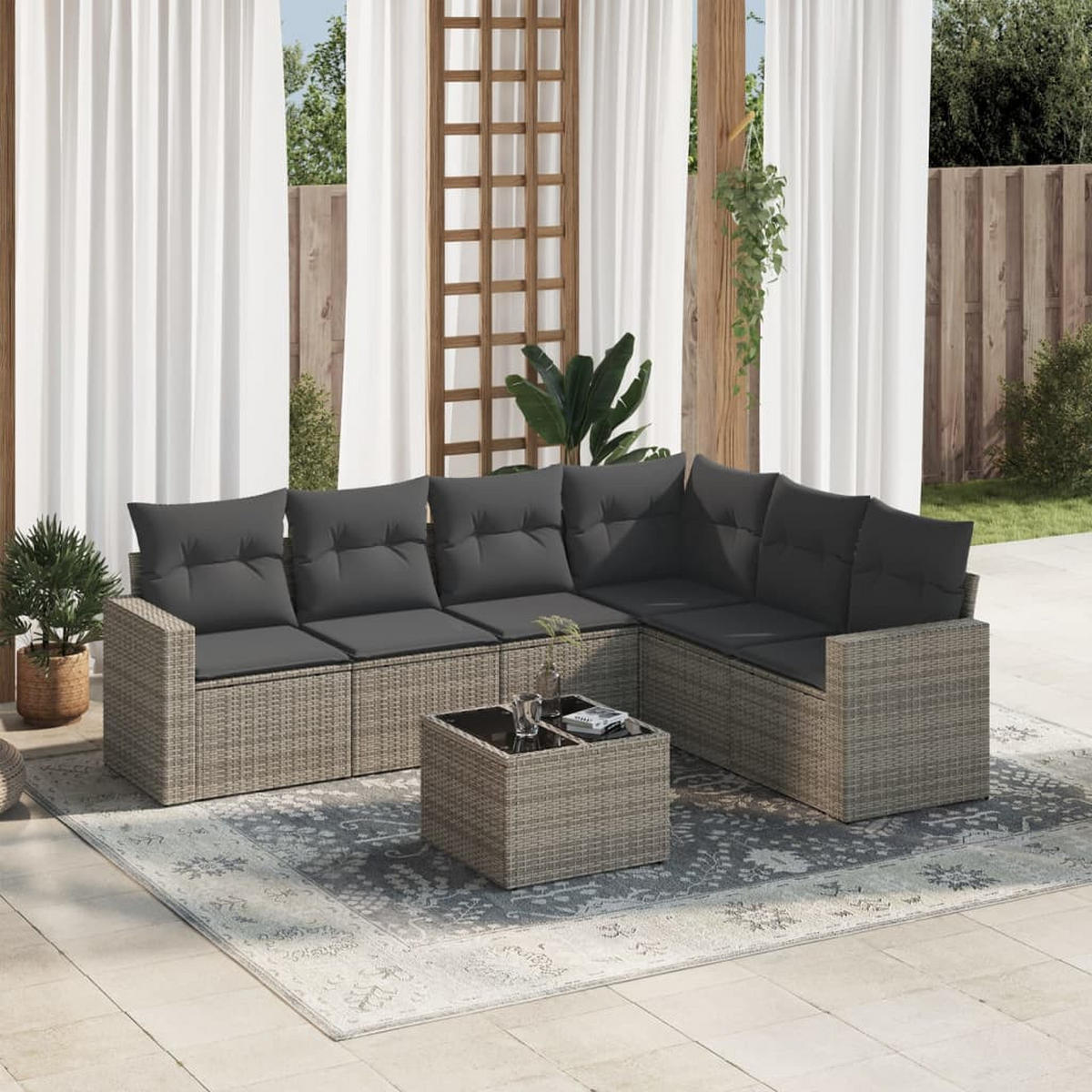 GARTEN-SOFAGARNITUR 7-TLG. Mit Kissen Grau Poly Rattan - Grau, Kunststoff - vidaXL