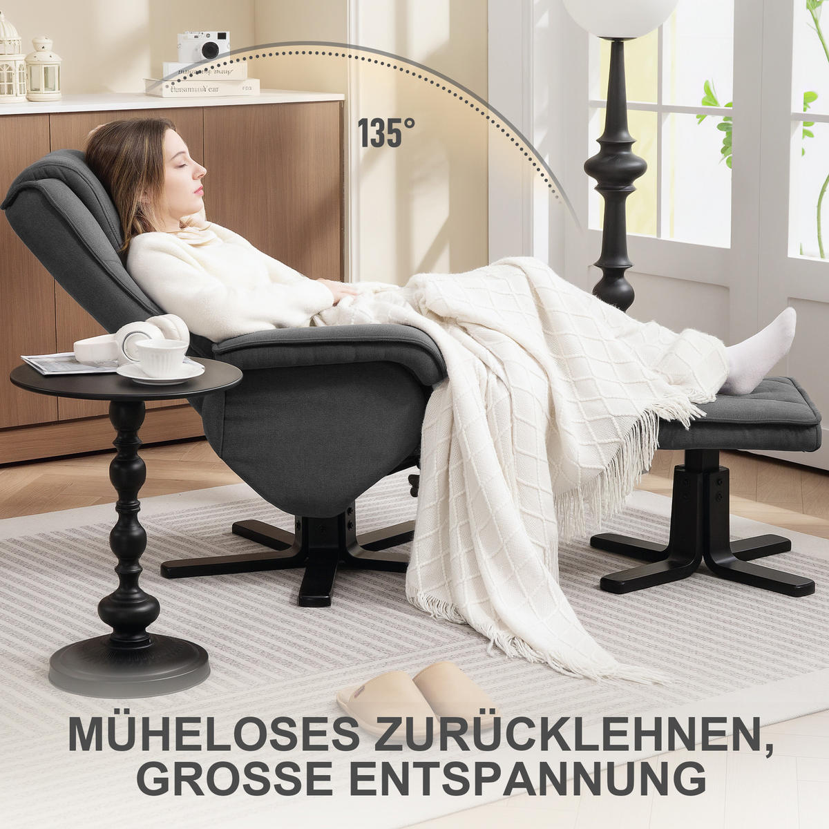 RELAXSESSEL mit Hocker, drehbarer Fernsehsessel mit Liegefunktion, Wippfunktion - Dunkelgrau, Kunststoff (67/96/87cm) - HOMCOM
