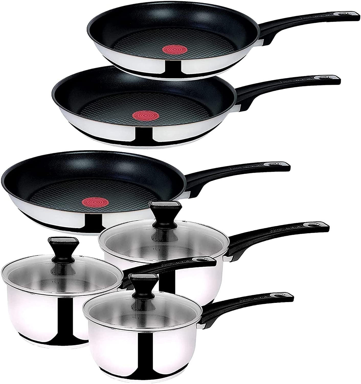 TOPF PFANNENSET Jamie Oliver 11-tlg Edelstahl, Induktion, Antihaftbeschichtung, Kochgeschirr, Bratpfannen, Kochtöpfe, Glasdeckel, hitzebeständig - Silberfarben/Schwarz, Metall - Tefal
