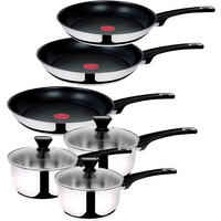 TOPF PFANNENSET Jamie Oliver 11-tlg Edelstahl, Induktion, Antihaftbeschichtung, Kochgeschirr, Bratpfannen, Kochtöpfe, Glasdeckel, hitzebeständig - Silberfarben/Schwarz, Metall - Tefal