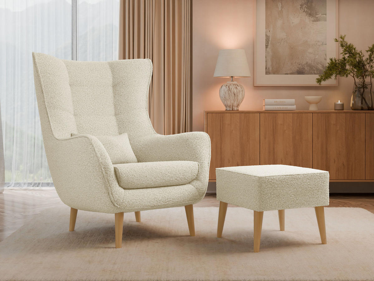 SESSEL Estjano Boucle mit Fußbank - Beige/Naturfarben, Holz/Textil (80/106/95cm) - MIRJAN24