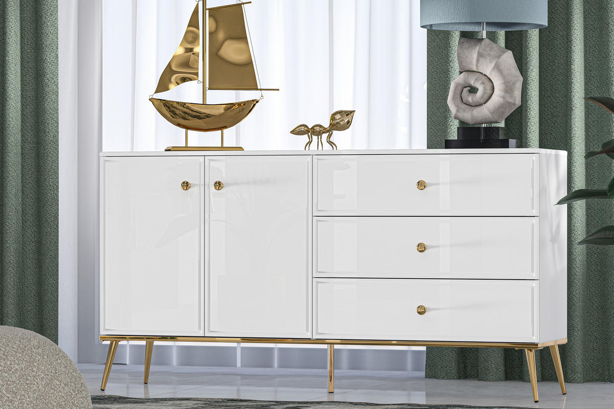 KOMMODE ISORIA viel Stauraum, Glas Weiß - Goldfarben/Weiß, Holz/Metall (160/85/40cm) - KONSIMO®