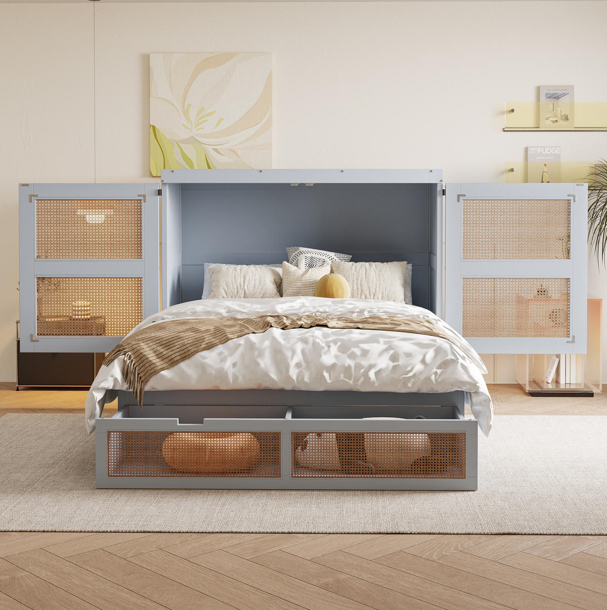 ZIDNI krevet od drva 140x200 cm sivi sa spremišnim ladicama, rotirajućim vratima 270° i ratan detaljima - siva, drvni materijal (135/190cm) - Modfu