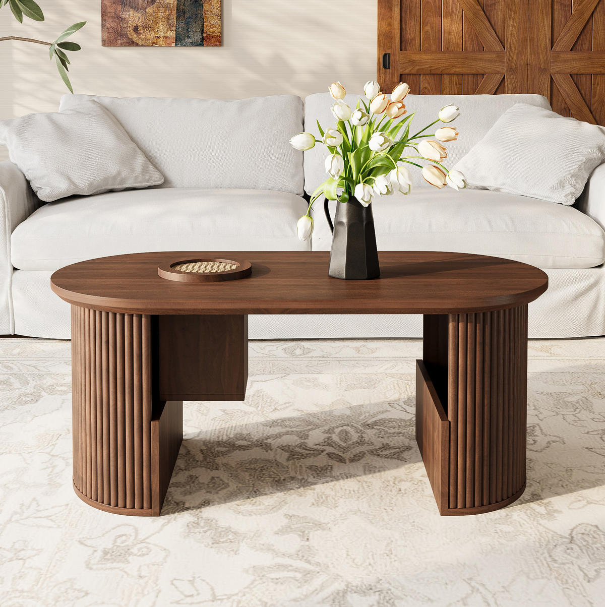 KONFERENČNÝ stolík 105/50/46,5 cm z MDF s úložnými priehradkami a oválnou doskou, Orechová - farba orecha, kompozitné drevo (105/50/46.5cm) - Redom