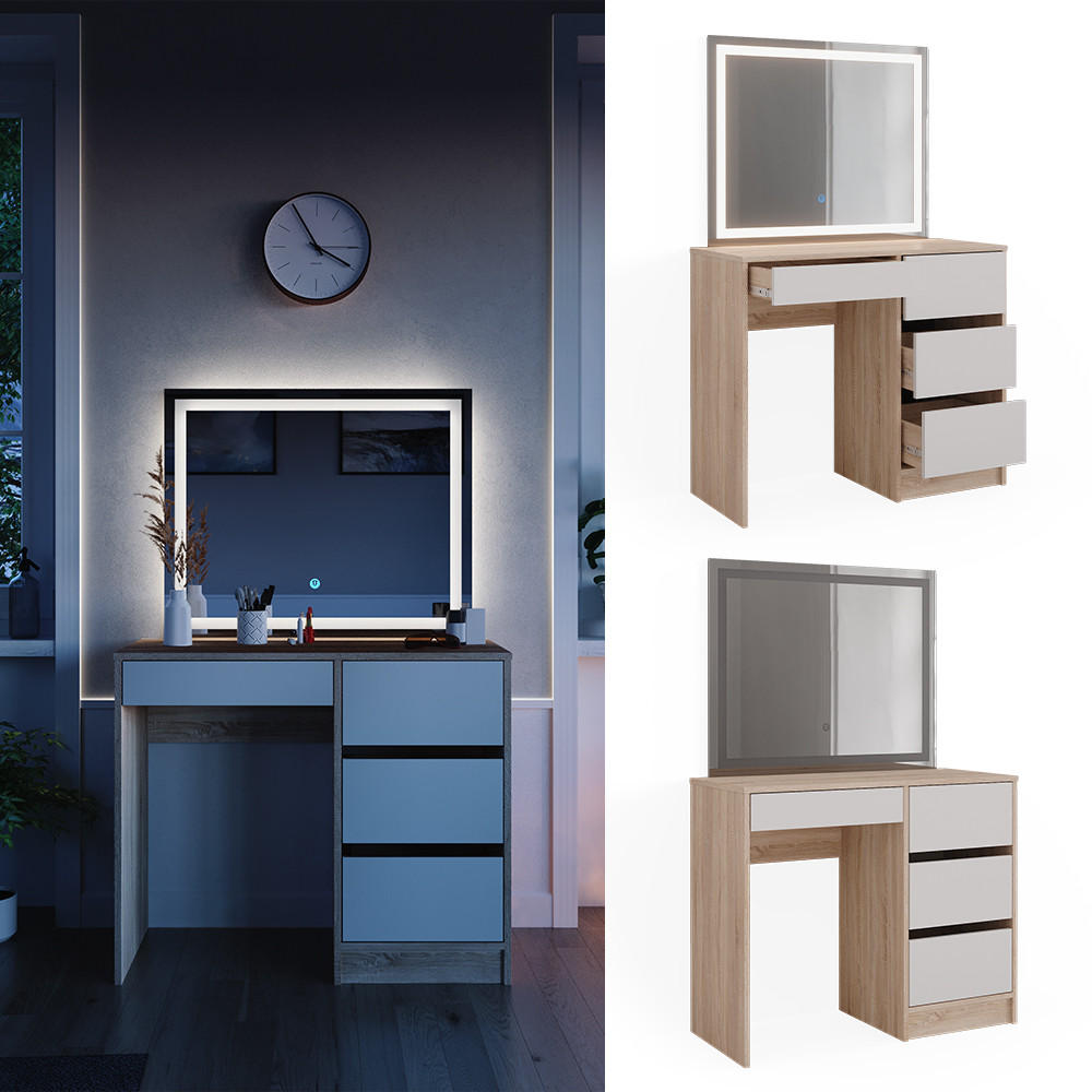 SCHMINKTISCH Sherry Sonoma 90 cm mit LED-Spiegel - Weiß/Sonoma Eiche, Holzwerkstoff (90/75/40cm) - Vicco