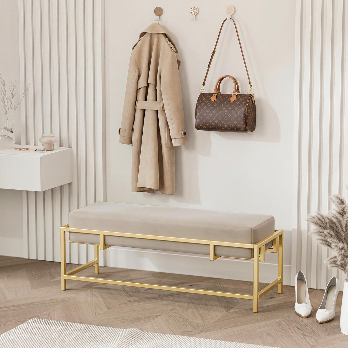POLSTERBANK GLAM 80 cm Gold / Beige ,Metallgestell - Beige, Metall (80/45/35cm) - Idohome