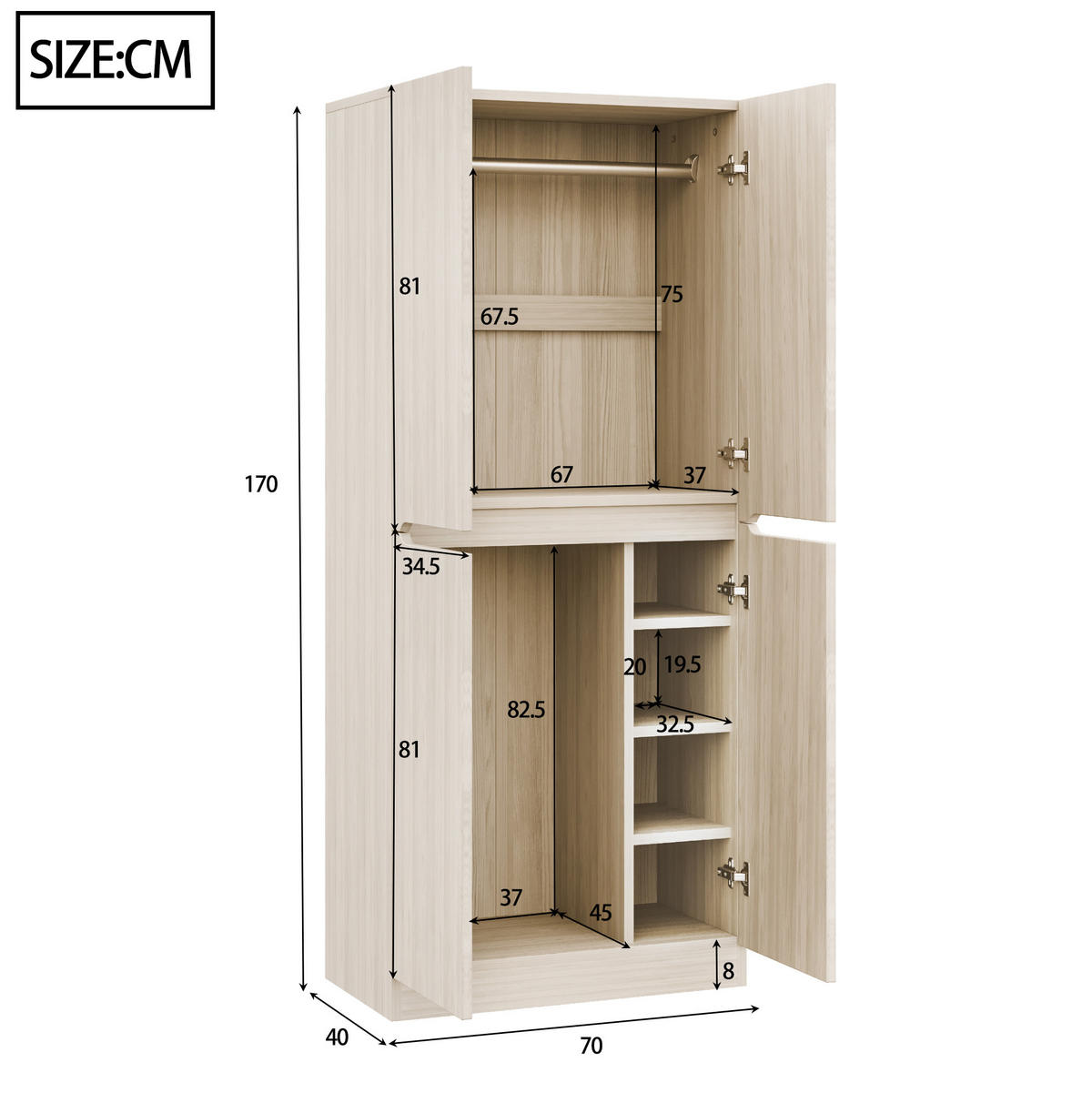 KLEIDERSCHRANK aus Holz 70x40x170 cm Holzfarben mit Doppeltüren und vielseitiger Innenaufteilung - Nussbaumfarben, Holzwerkstoff (70/170/40cm) - Modfu