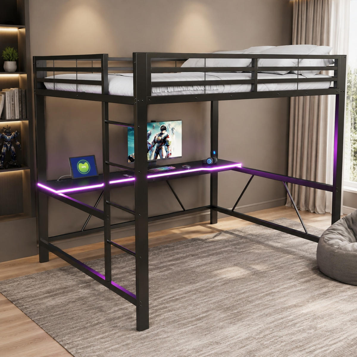 HOCHBETT 160/200 mit LED, USB und Schreibtisch in Schwarz - Schwarz, Holzwerkstoff/Metall (160/200cm) - EVRYAE
