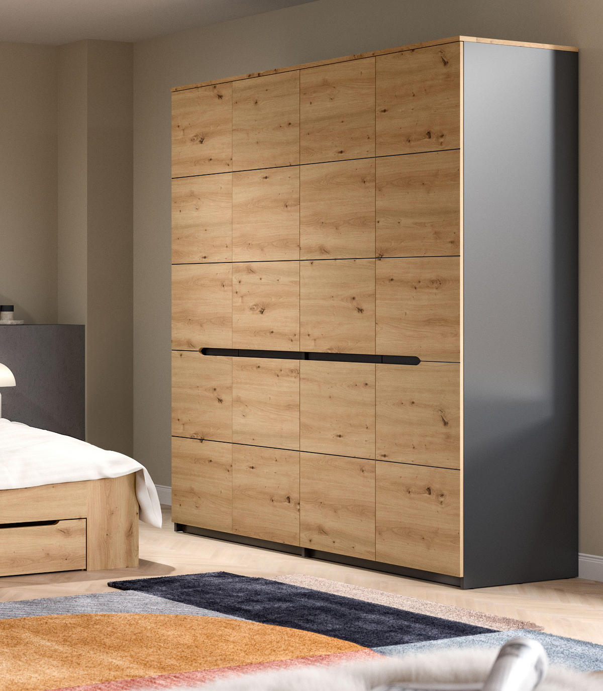 KLEIDERSCHRANK Eiche Artisan, grau 4-türig 180 cm, Drehtürenschrank mit Soft-Close - Eiche Artisan/Grau, Holzwerkstoff/Metall (180/198/59cm) - Inn.Furn